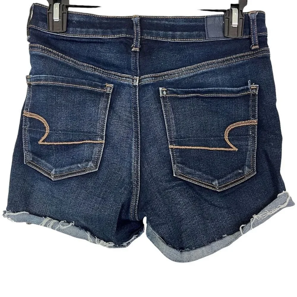 AMERICAN EAGLE SUPER HI RISE SHORTIE Raw Hem Cut Offs Dark Distressed Shorts 4